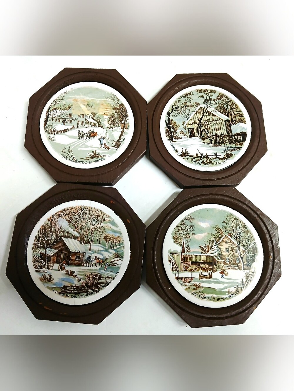 Vintage Classic Winter Scene Ceramic Coasters set of 4 - Brown Wood Trim